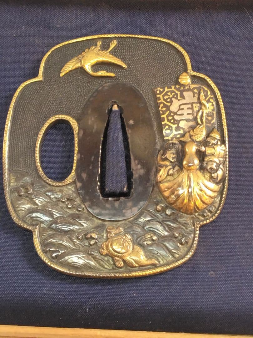 鍔　鐔　寶船　２枚組　江戸時代 アンティーク　七福神　　鶴　亀　波　美濃鍔