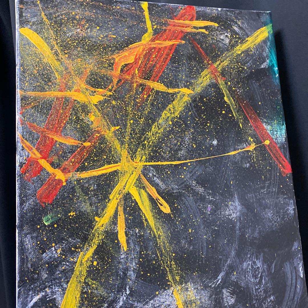 抽象アクリル画 黒地 赤 黄