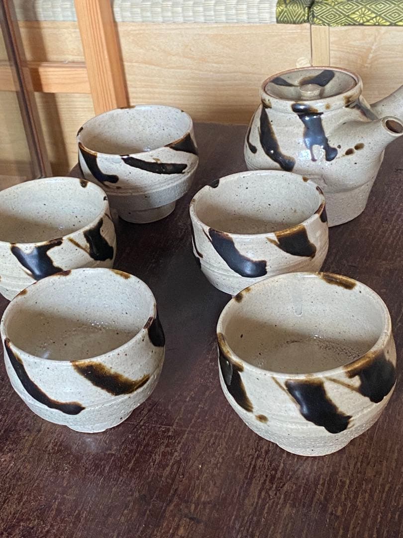 益子焼　鉄絵茶器　茶器揃い　急須　湯呑み　汲み出し　民芸　民藝
