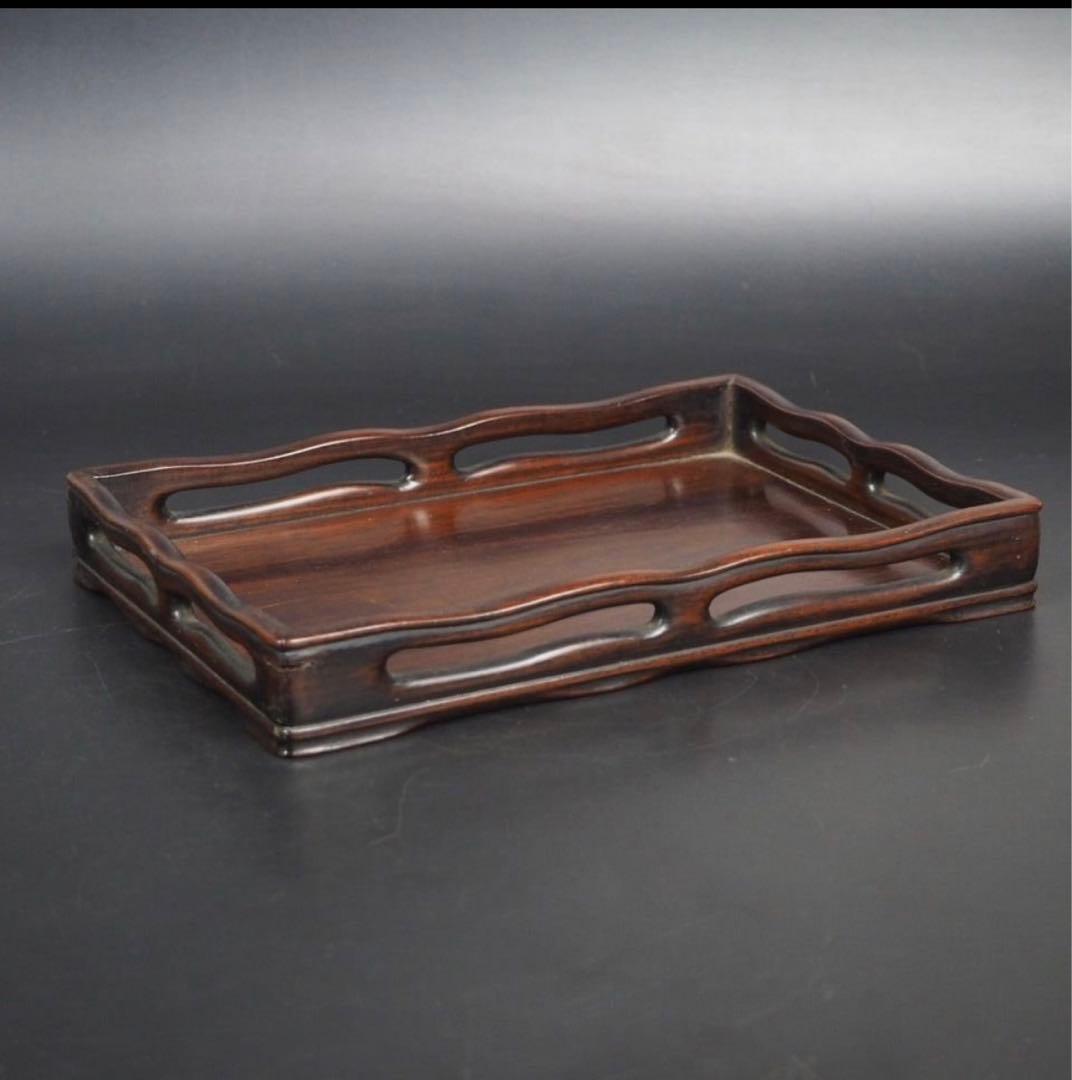 送料無料　時代物　紅木唐木紫檀花梨 透かし彫り四角盆　22.5×15.5ｃｍ