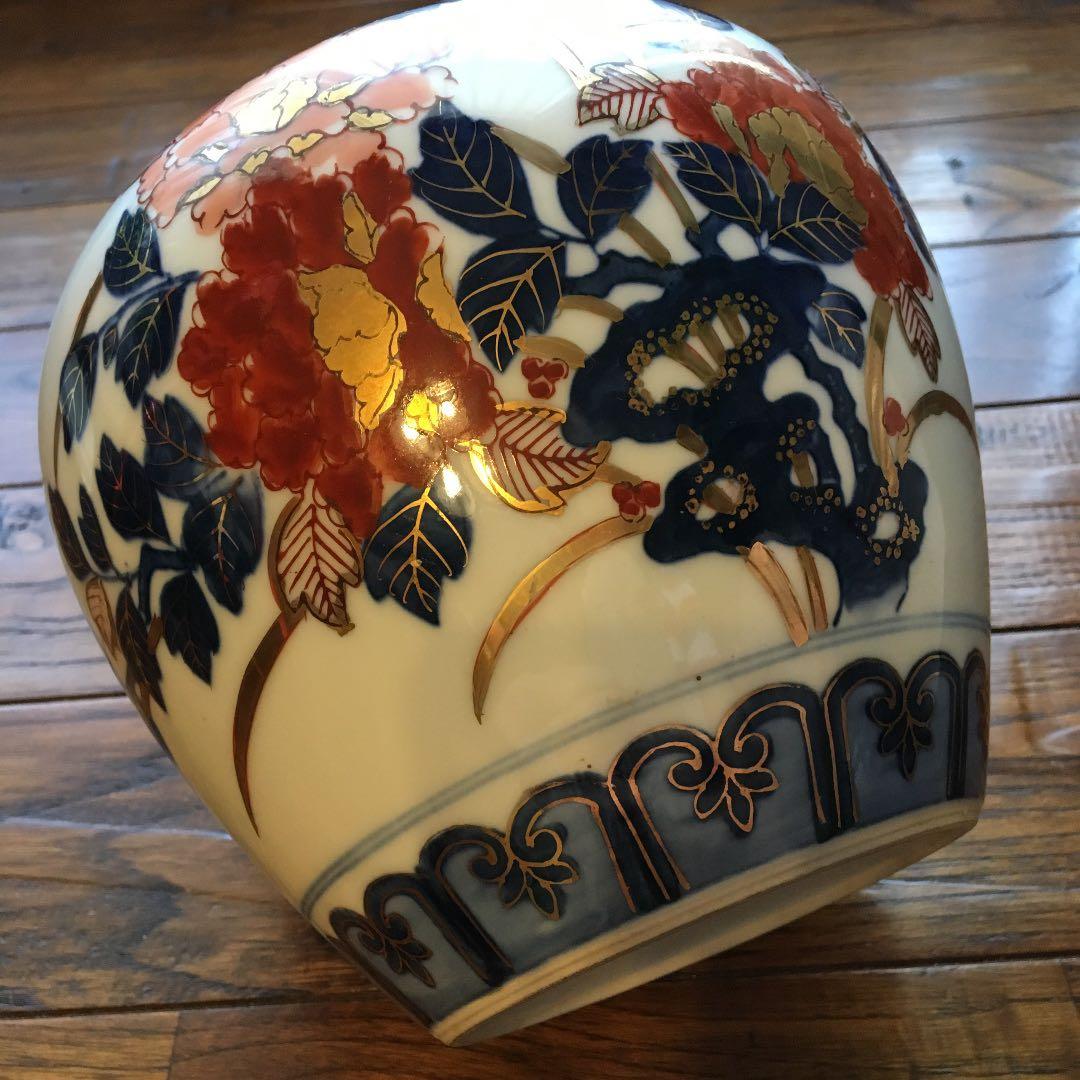 美品！経年70年以上 有田焼 染錦 牡丹 金彩 花入 花器 壺 飾壺 骨董品