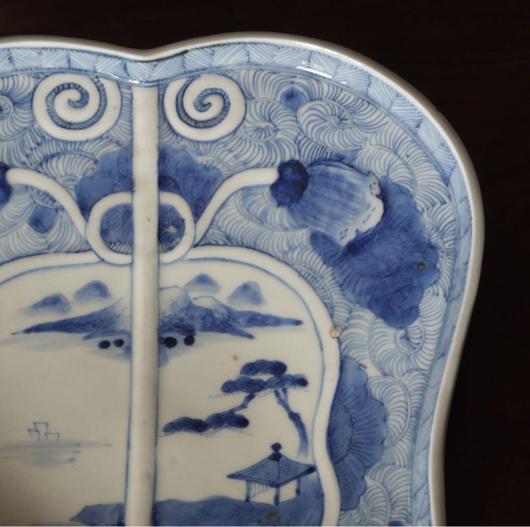 送料無料　江戸時代　後期　古伊万里　染付　山水図　軍配形　大皿　飾皿　希少作品