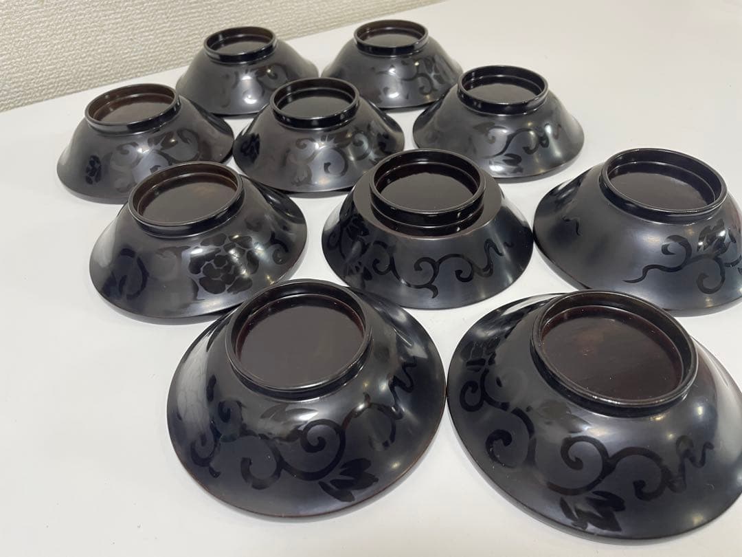 黒漆器 黒漆 内黒塗 漆器 吸物 懐石椀 煮物椀 10客 唐草柄 アンティーク