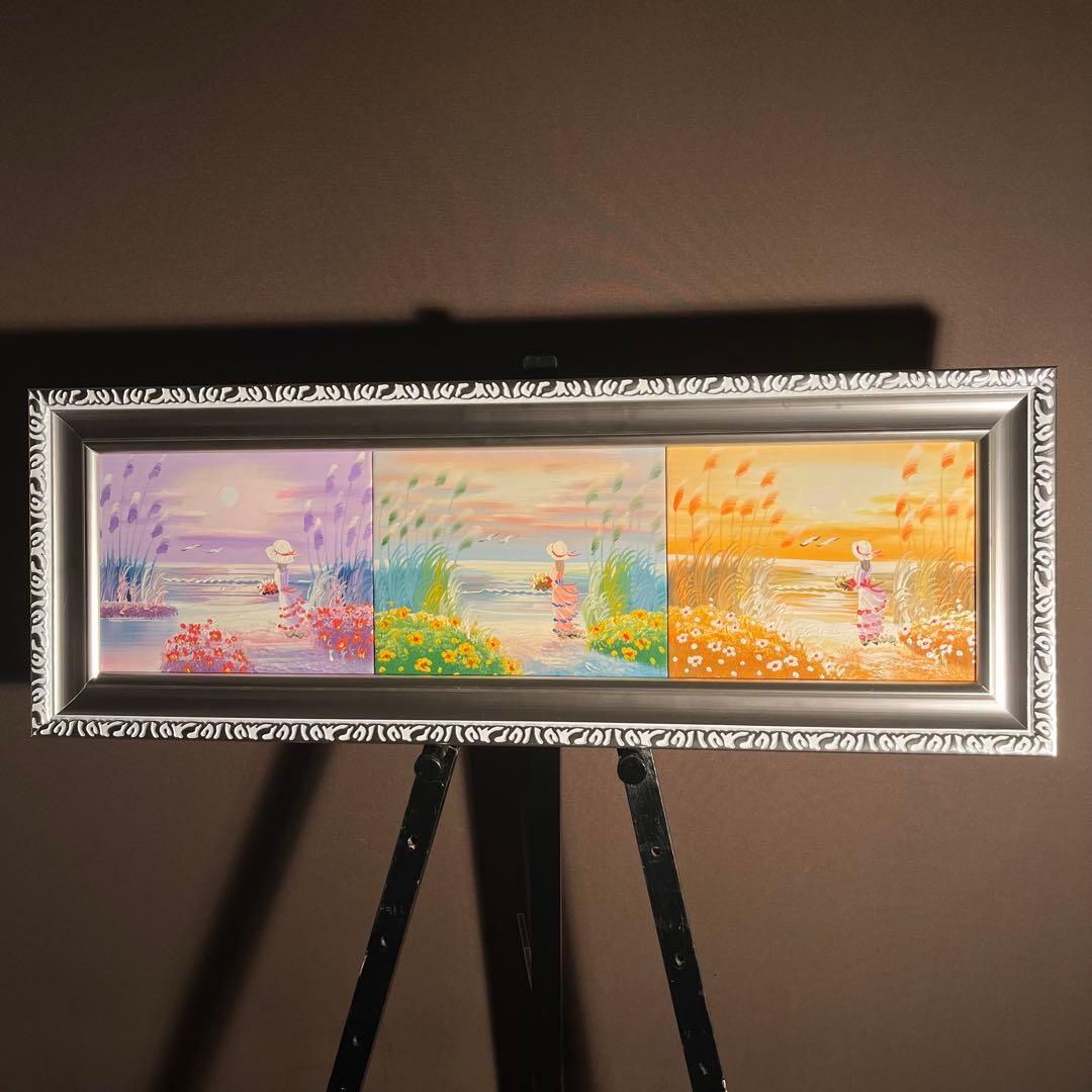 手書き油絵 ３枚組 海を眺める少女 額付き インテリア 油彩画 肉筆絵画