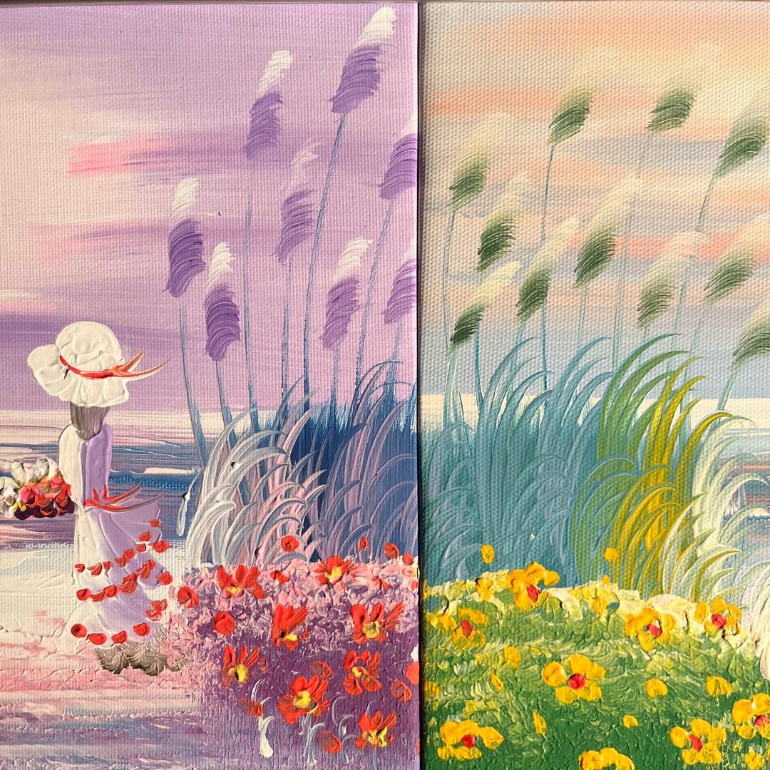 手書き油絵 ３枚組 海を眺める少女 額付き インテリア 油彩画 肉筆絵画