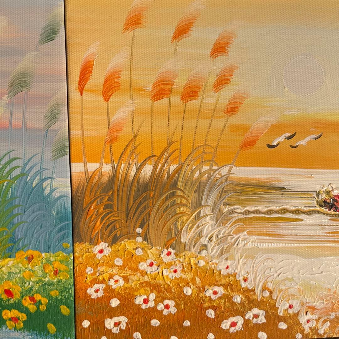 手書き油絵 ３枚組 海を眺める少女 額付き インテリア 油彩画 肉筆絵画