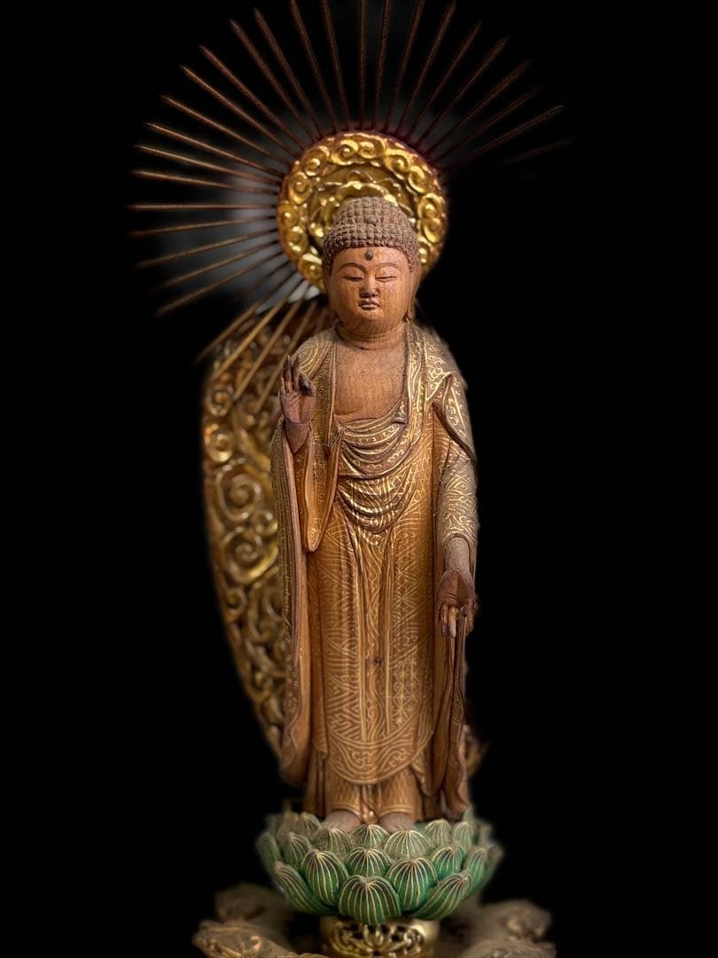 T 仏教美術 木彫金彩手仏像 阿弥陀如来立像 高さ34㎝ 浄土宗 浄土真宗