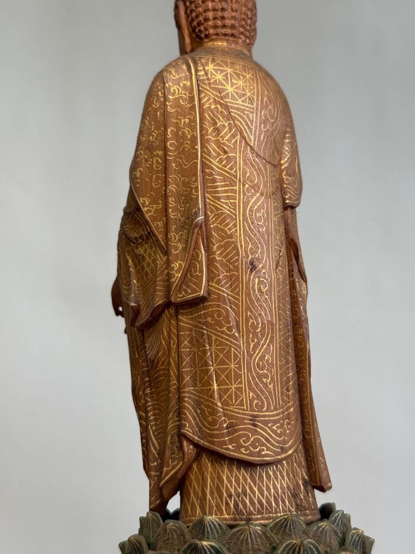 T 仏教美術 木彫金彩手仏像 阿弥陀如来立像 高さ34㎝ 浄土宗 浄土真宗