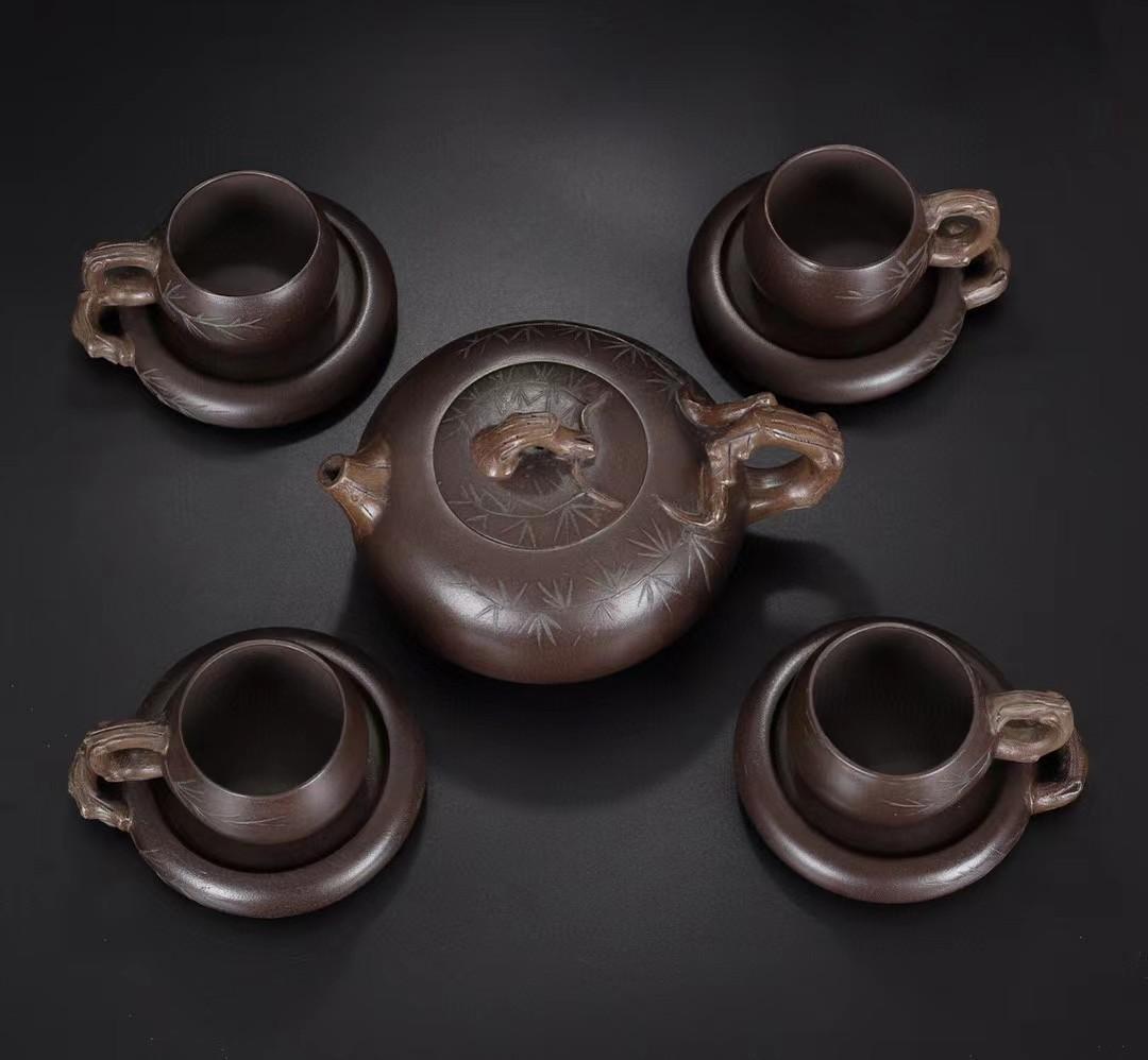 中国古美術・松針紫砂壺セット・底款蔣蓉紋・宜興原鉱・紫泥急須・茶壺・茶道具・置物