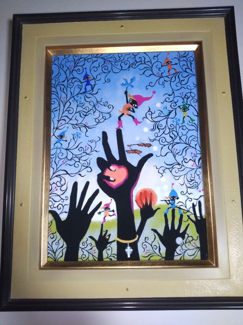 藤城清治、絵画、油彩4号こびとくんこの指とまれ新品額縁、肉筆、山下清。