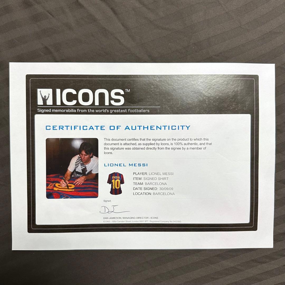 メッシ　直筆サインユニフォーム　バルセロナ　2009年　ICONS 証明書付き