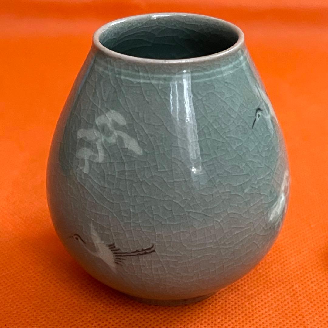 人間国宝 海剛 柳海剛 柳根瀅 高麗青磁象嵌曇鶴文 茶入 桐共箱