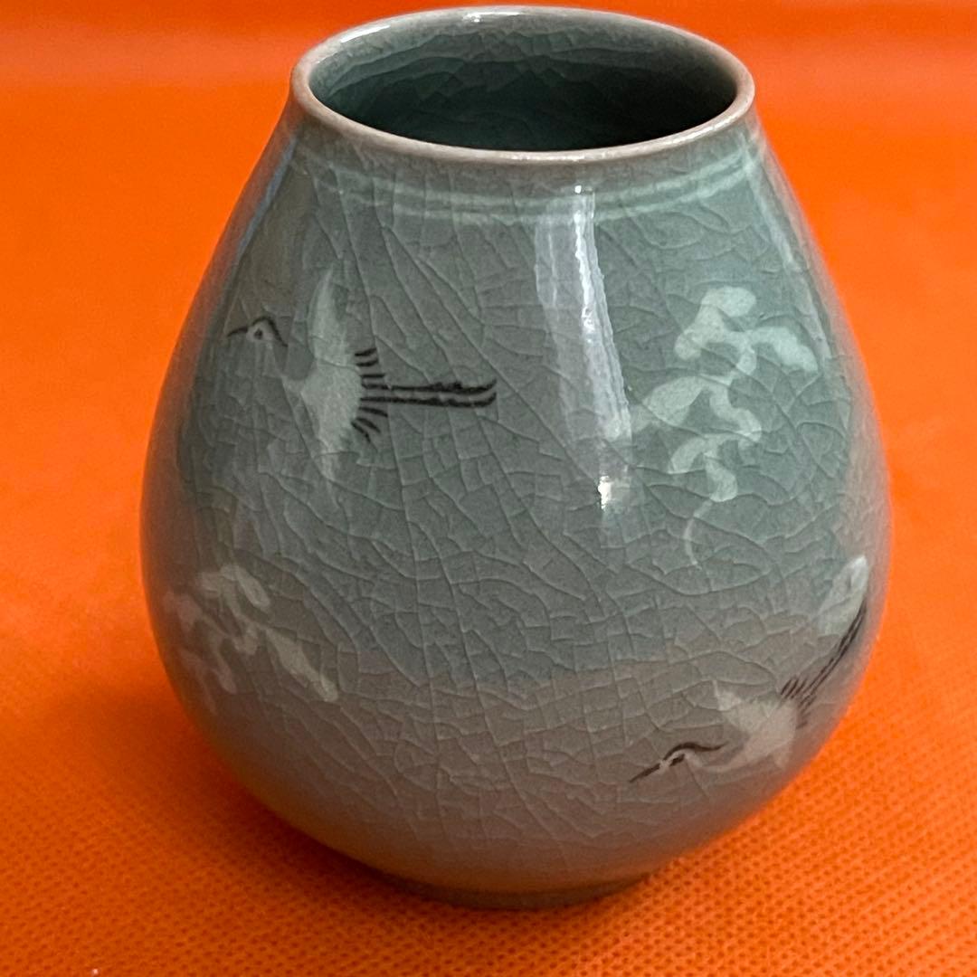 人間国宝 海剛 柳海剛 柳根瀅 高麗青磁象嵌曇鶴文 茶入 桐共箱