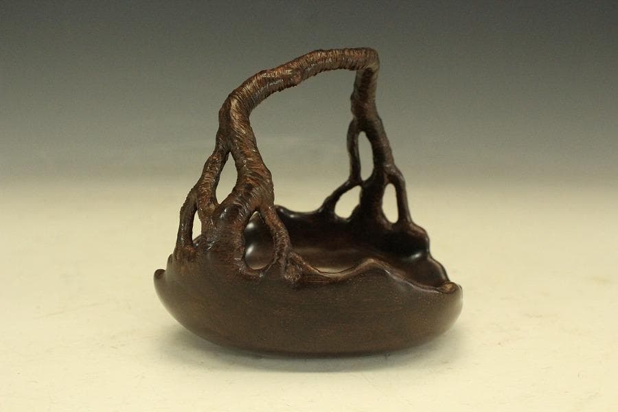 紫檀 刻 手付 皿 文房四宝 卓上飾 高9.4cm(HA491)