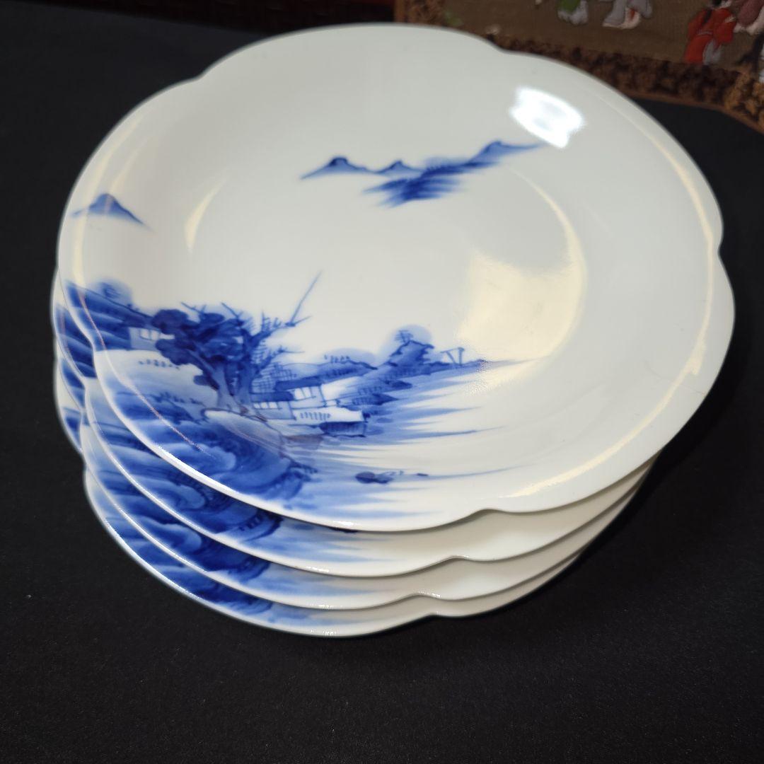 源六焼　富永源六　染付山水文　高台 輪花皿　中皿　18.5cm　4枚　 三つト印