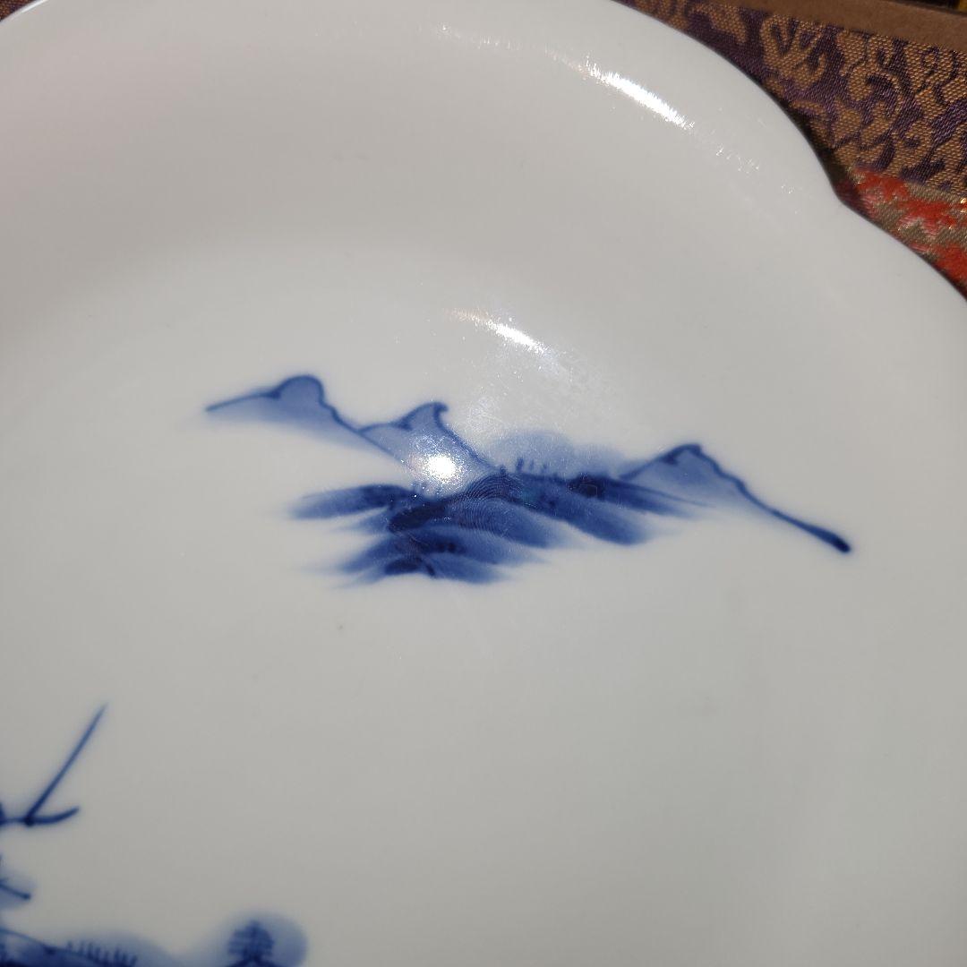 源六焼　富永源六　染付山水文　高台 輪花皿　中皿　18.5cm　4枚　 三つト印