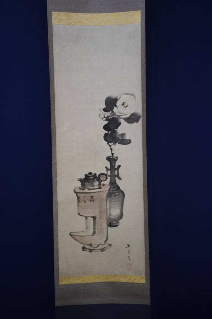 真作/幸野楳嶺/椿図/煎茶/花瓶/桐箱二重箱付/布袋屋掛軸HG-275