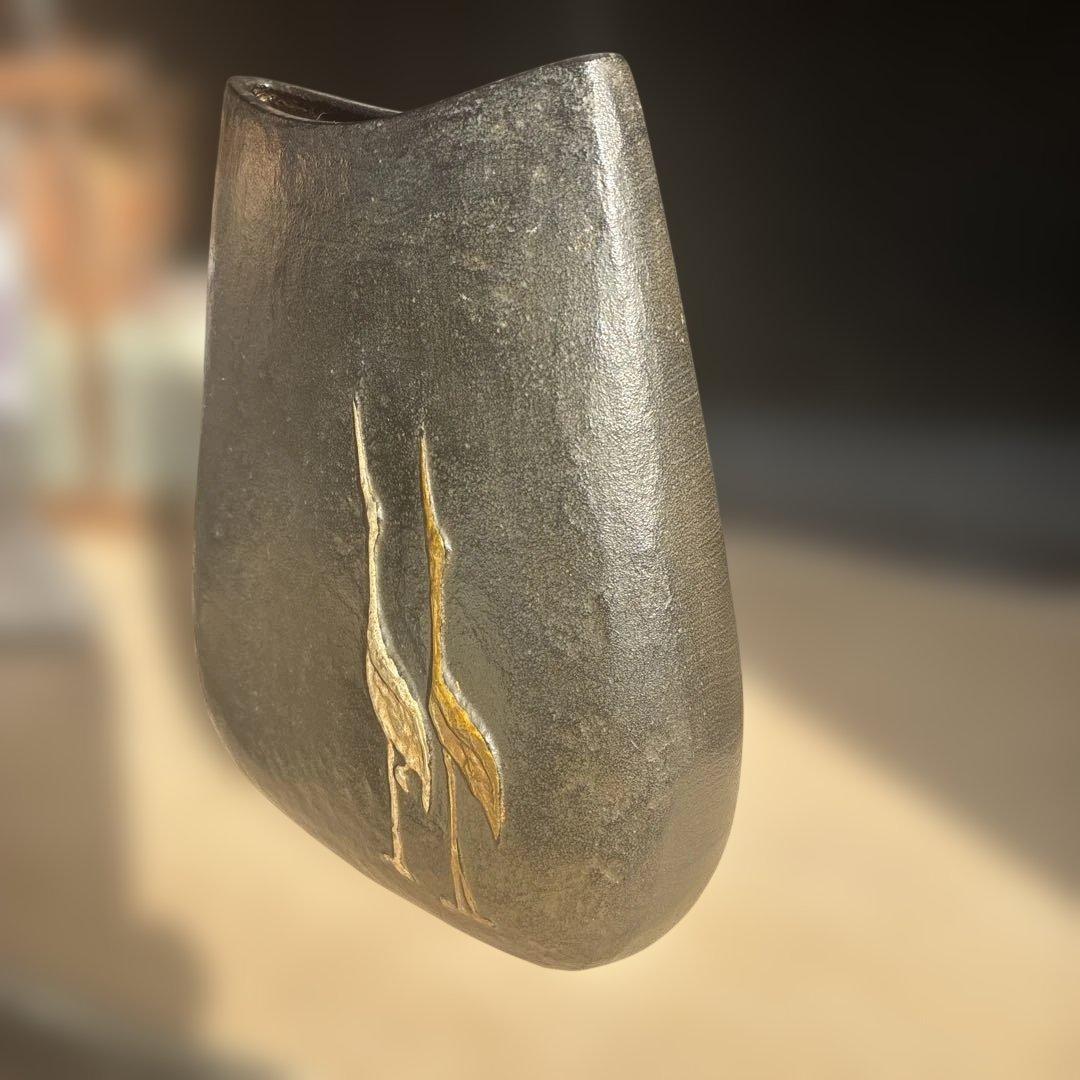 金色の鶴と亀の象嵌　花器 置物　高岡銅器