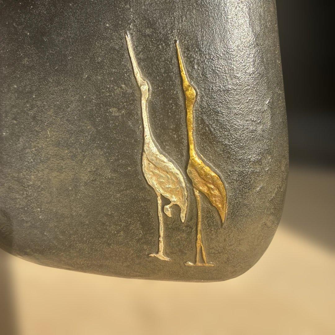 金色の鶴と亀の象嵌　花器 置物　高岡銅器