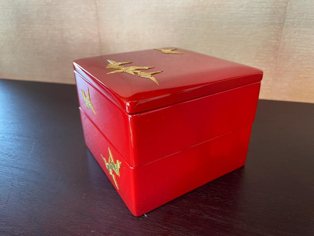 ⭐️超美品⭐️ 琉球漆器 4寸 二段お重箱 折鶴 漆の重ね箱