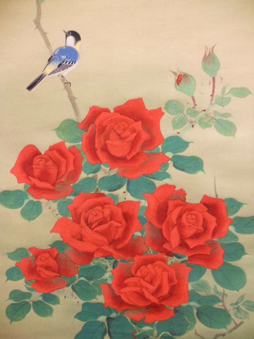 掛け軸 道成 薔薇に小鳥 絹本 希少 軸装 茶道具 掛軸 美品 です。