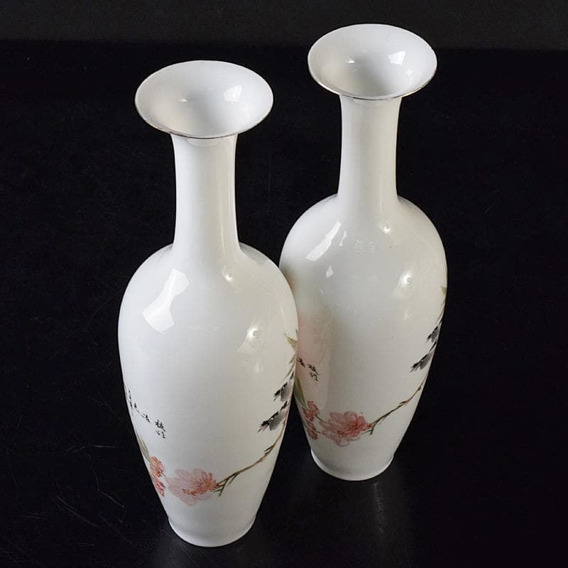 中国　中国景徳鎮製　薄胎　粉彩　漢詩花鳥文瓶　一對　C　R8384