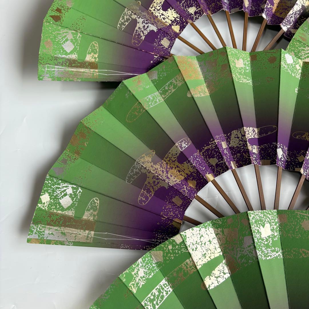 (906)舞扇　7本セット　雲柄　緑　紫　金銀　煤竹
