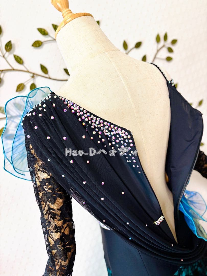 新品★ダンスドレス★スタンダード★社交ダンス★競技会★パーティー★黒&ターコイズ