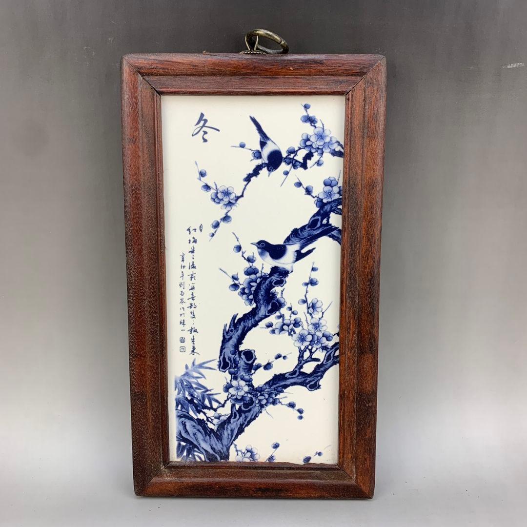 景徳鎮 青花花鳥春夏秋冬図陶板画 応接間 書斎 装飾品 工芸品 美術品 置物