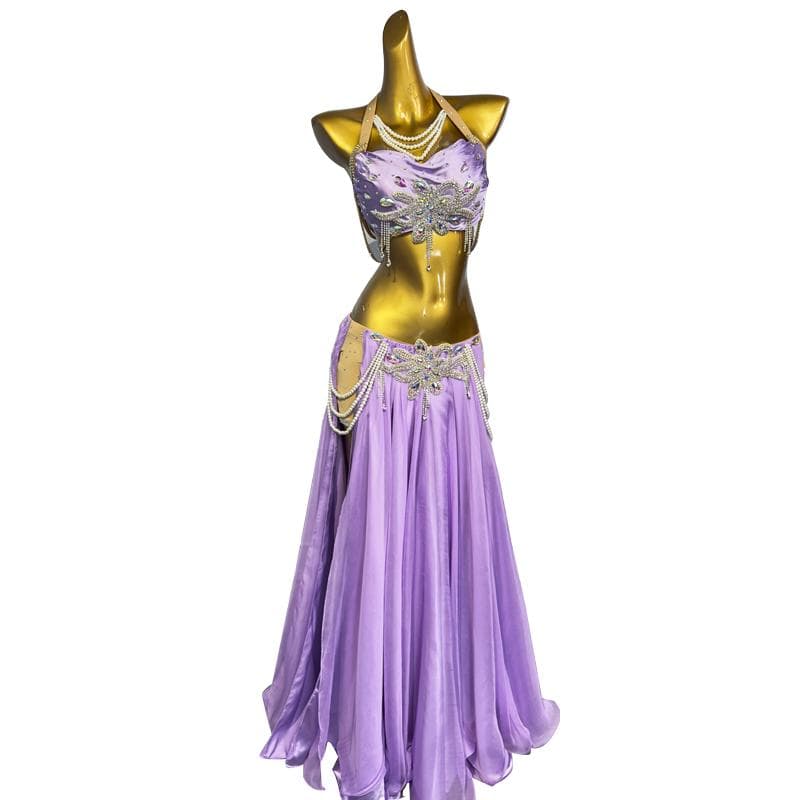 新品未使用 ベリーダンス衣装 高級舞台用 紫ロングスカートセット