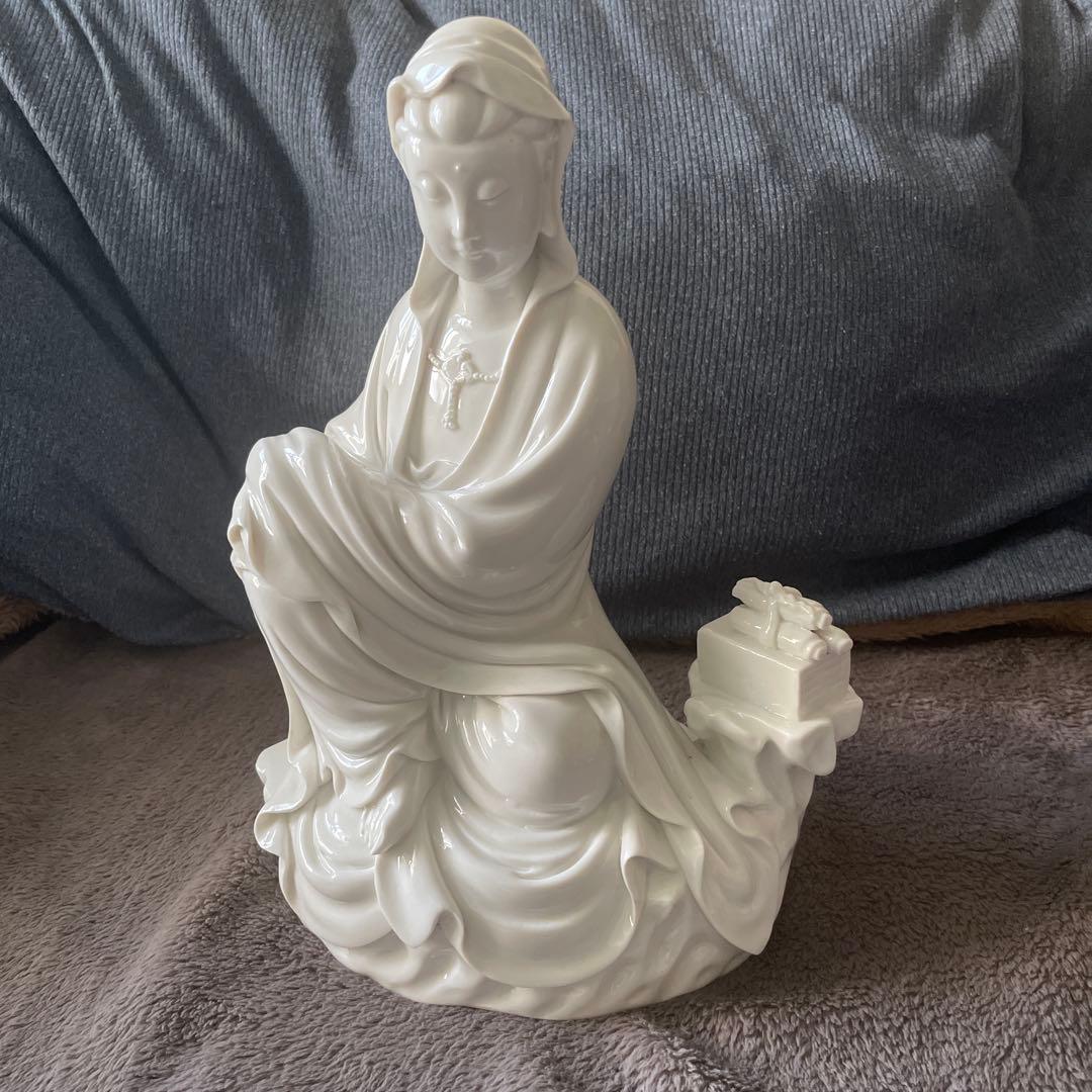 徳化窯白磁 細工彫り『白磁観音様』 仏教美術 高さ26cm ★時代物