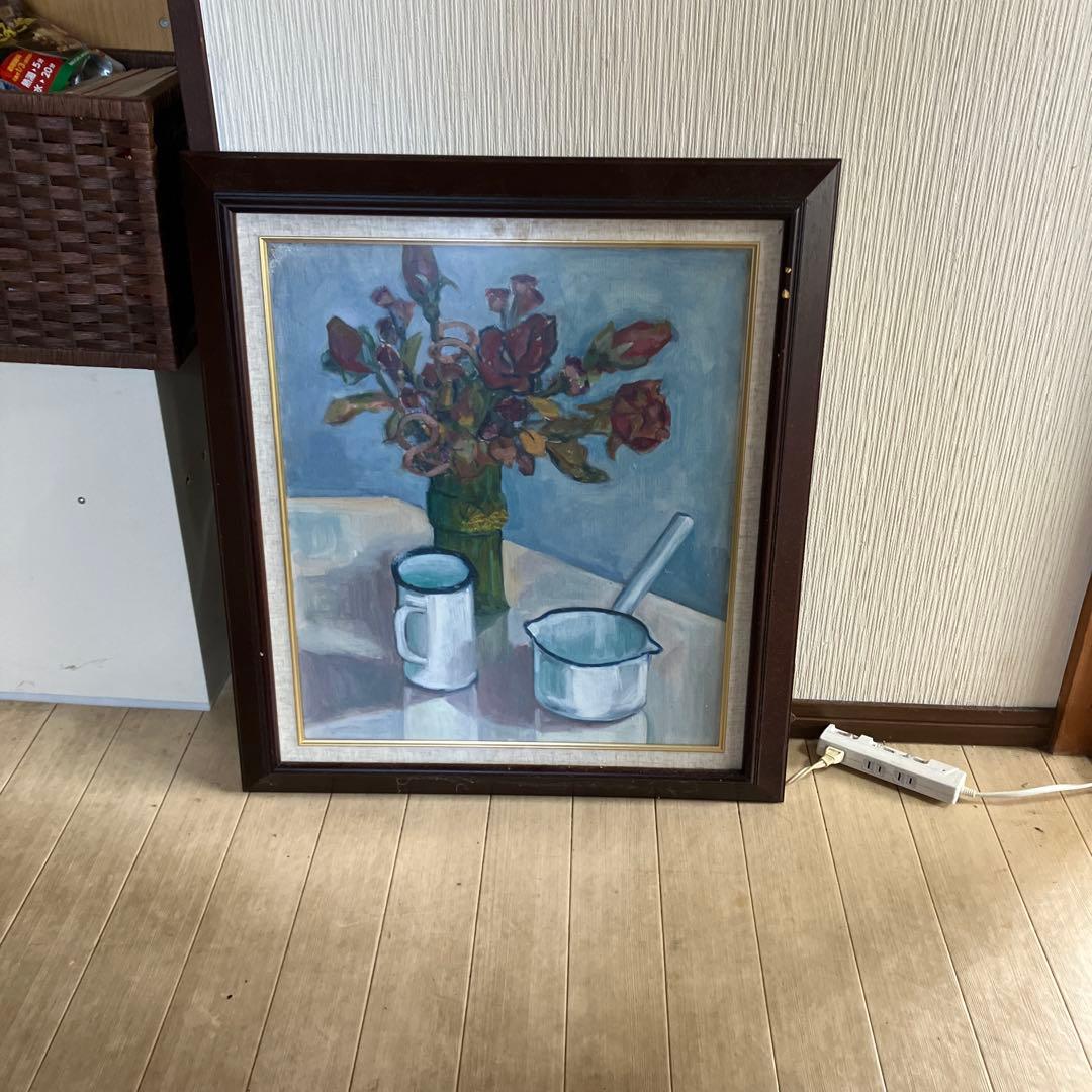 油彩画 花瓶のバラ