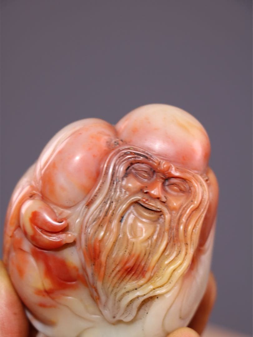 旧蔵天然寿山石 手彫り置物【寿星公】長寿仏　お守り　開運　芙蓉石使用 精巧彫刻