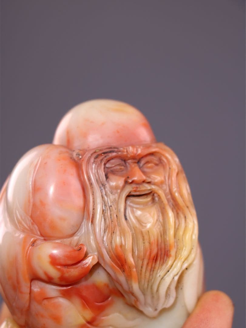 旧蔵天然寿山石 手彫り置物【寿星公】長寿仏　お守り　開運　芙蓉石使用 精巧彫刻