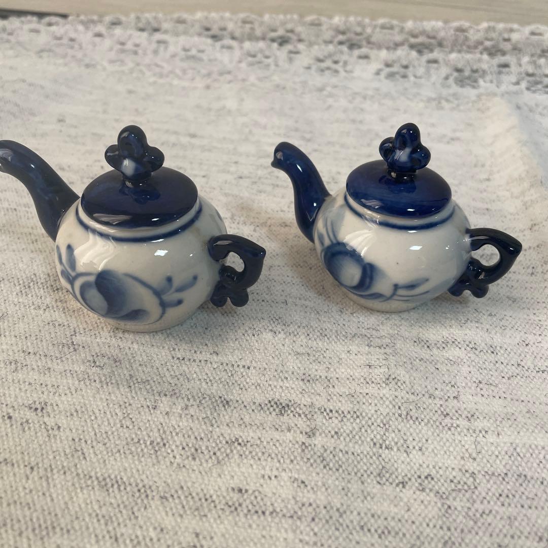 【値下げ】ロシア　グジェリ焼き　陶器 サモワール　ティーポット　ブルー　ペア