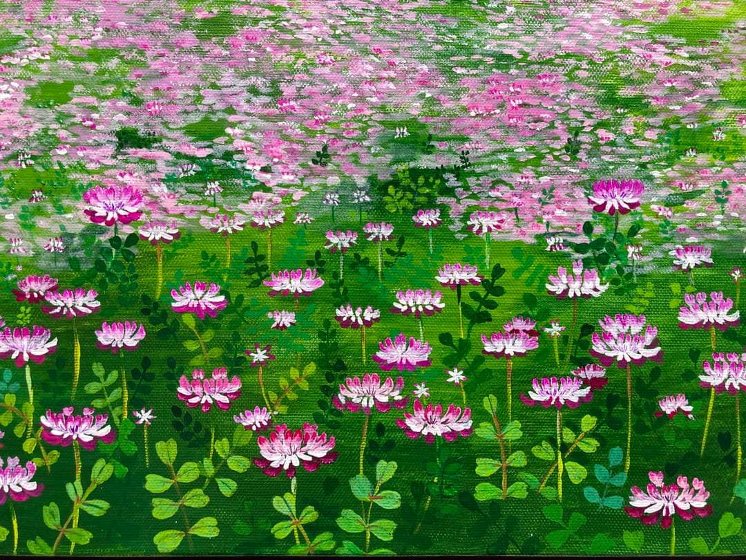 ご依頼品　風景画　花の絵　アクリル画　原画 「れんげ畑2」F8