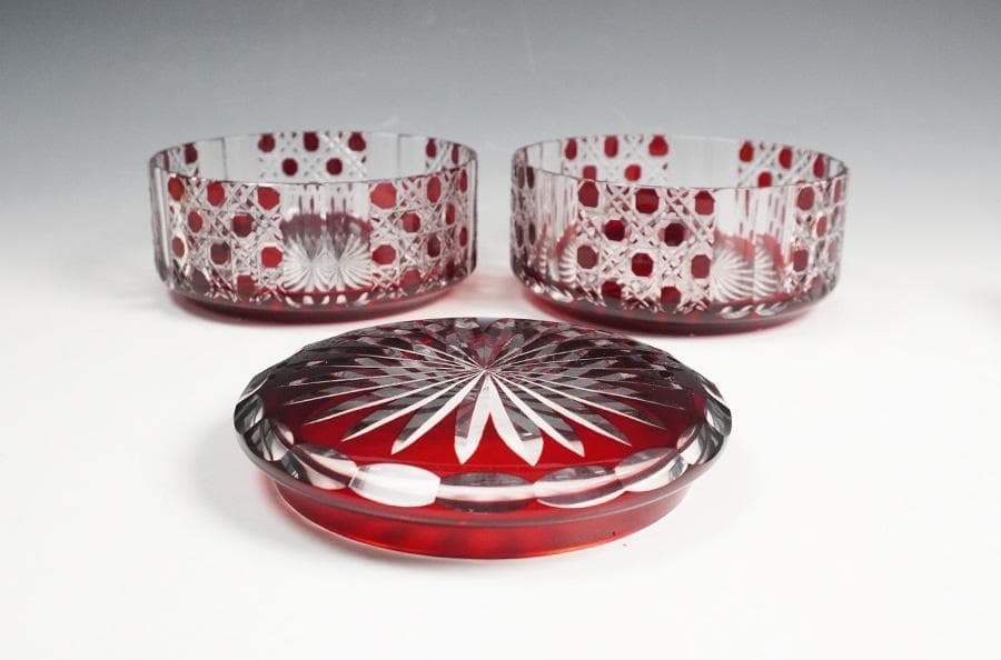 木村泰典 江戸切子 籠目紋ボンボニエール 深緋 切子ガラス 共箱