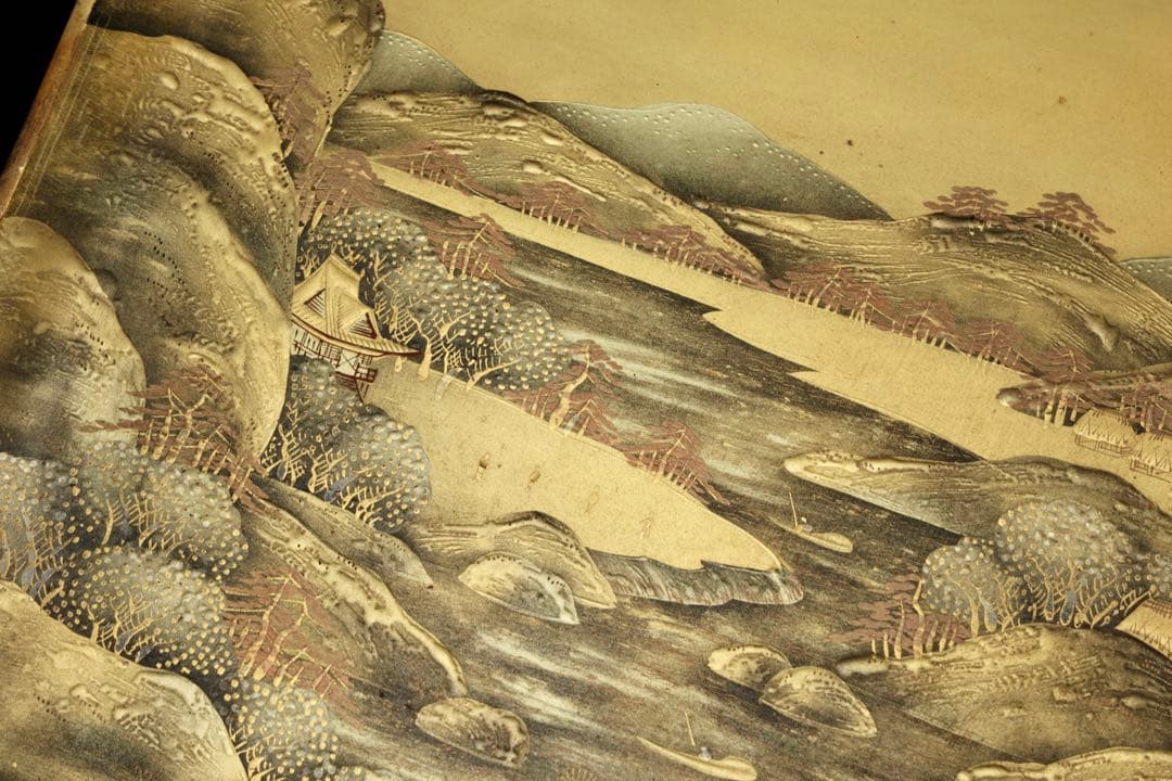 光月銘 蒔絵 山水図 四方盆 金地 風景 蒔絵盆 漆芸 盆 古美術品 骨董品
