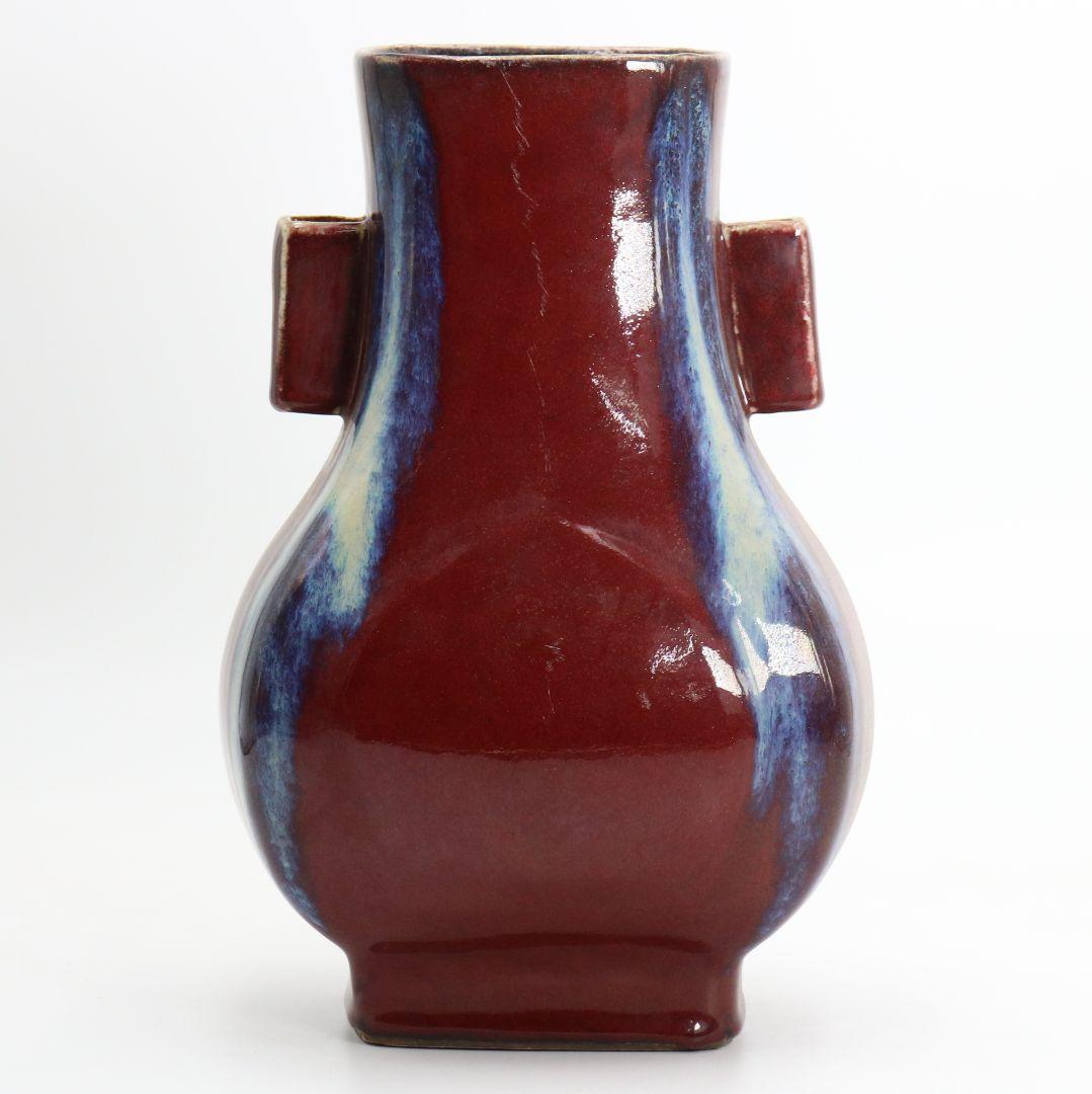 中国 雍正年製款 辰砂釉双耳花瓶 赤釉　M696