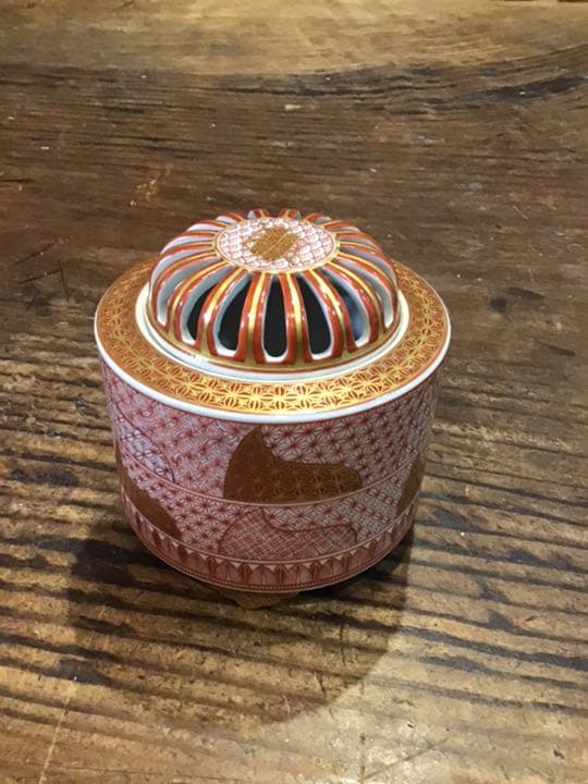 西野昭月　赤絵細密細描小紋香炉　九谷焼