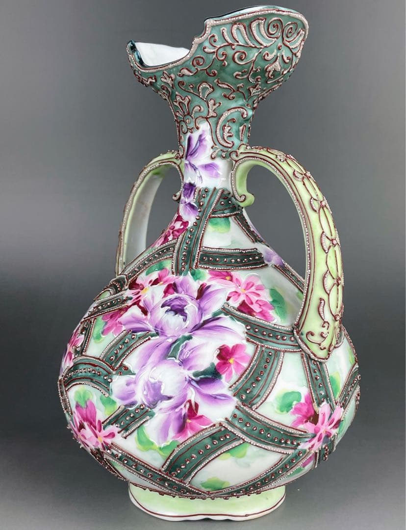 【美品】オールドニッポン ２２．２cm 花紋 一陳盛り花瓶 アールヌーボー様式