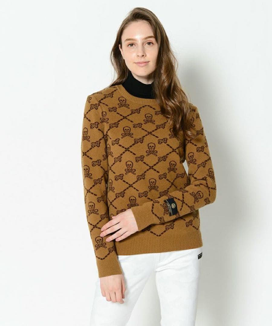 美品 MARK&LONA 縮絨ウール 総柄クルーネックニット 36 日本製