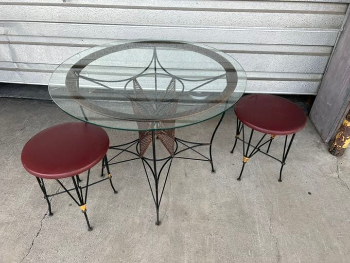 アジアン家具 ガラス丸テーブル ガーデンアイアンテーブル チェアセット