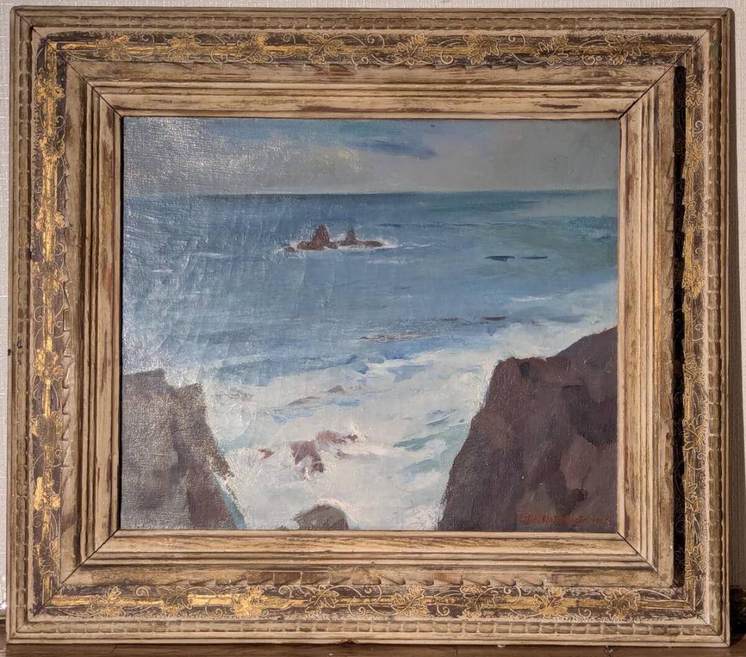 【真作】絵画　油彩8号　岩礁に打ち寄せる波　荒波と岩場の海風景　Y180