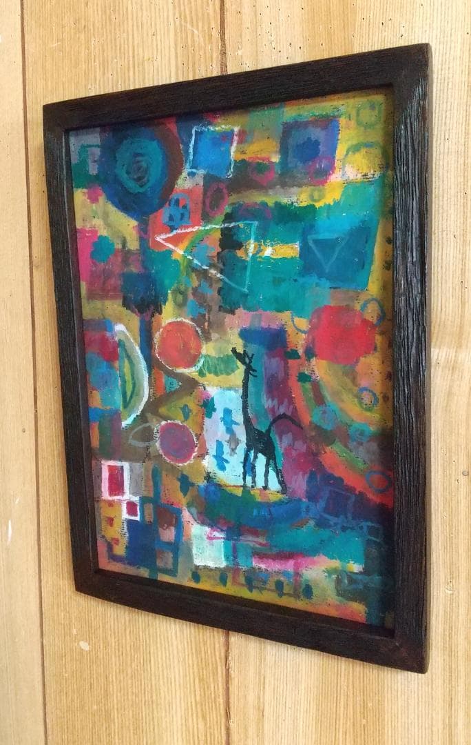 キリンのクレパス画 木製フレーム付き