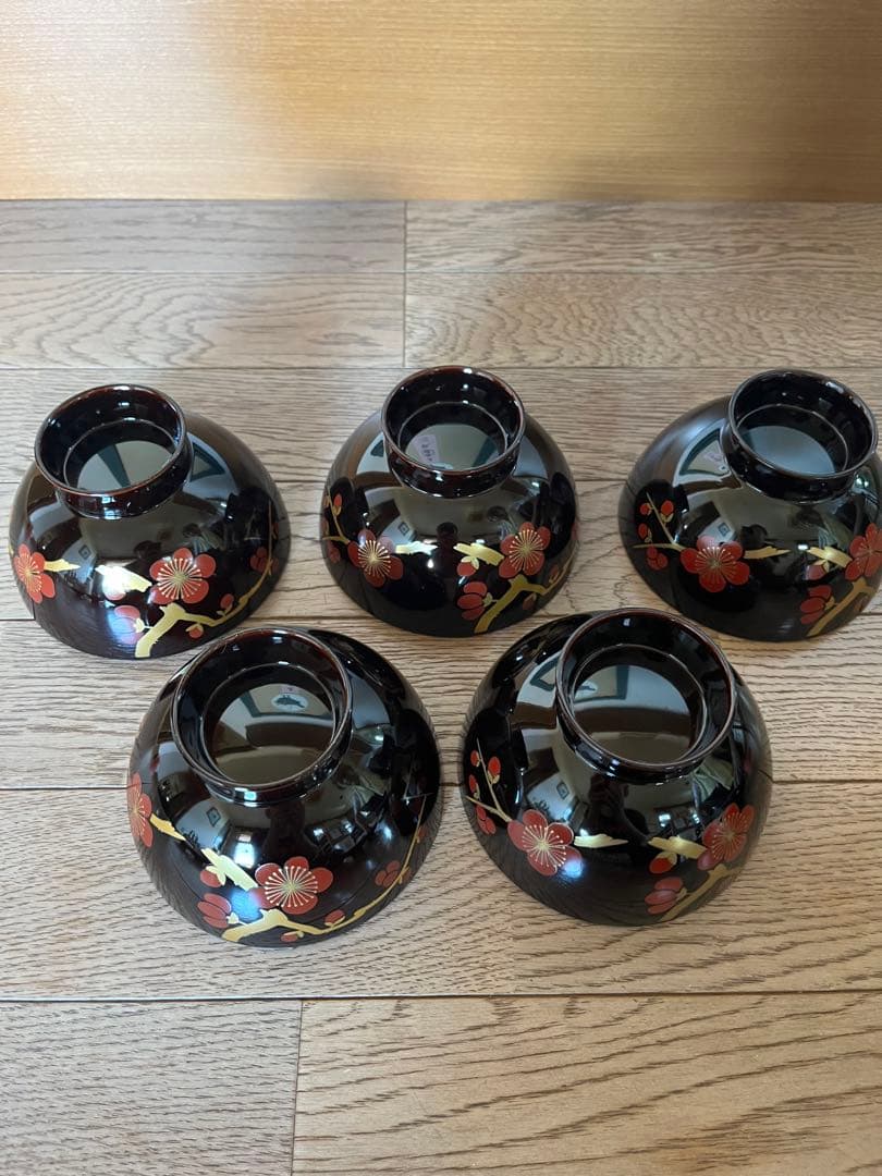 会津塗　本漆仕上　御吸物椀　乙造作　紅梅　黒　新品未使用　共箱付