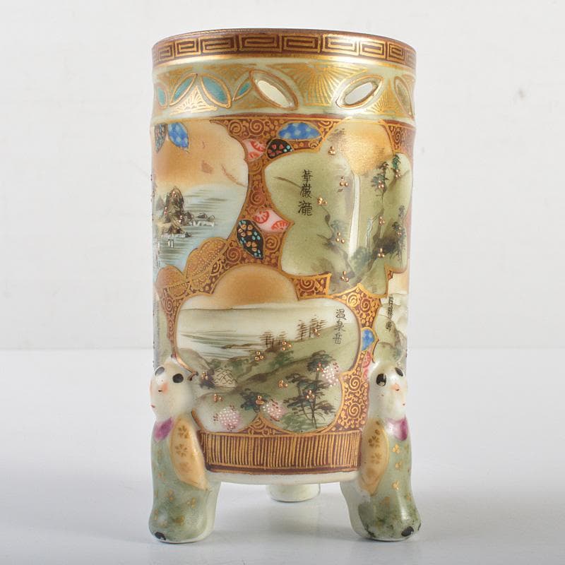 九谷焼　古九谷　色絵金彩　山水文　唐子三つ足筆筒　V　R6931