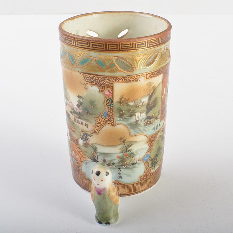 九谷焼　古九谷　色絵金彩　山水文　唐子三つ足筆筒　V　R6931