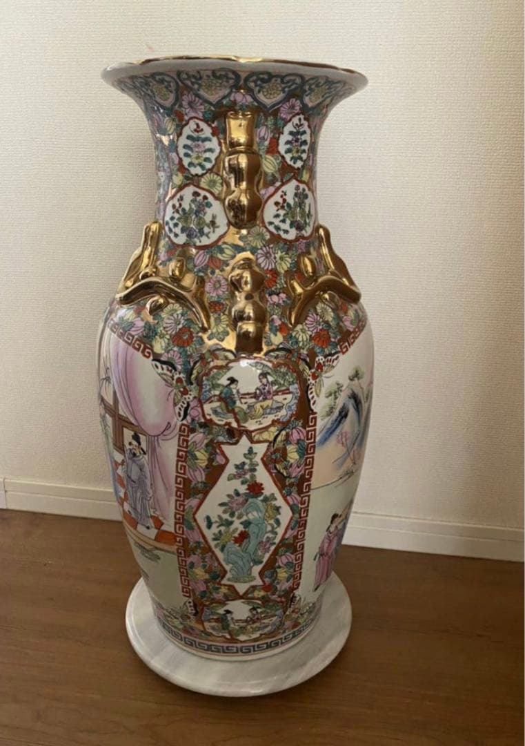 中国古美術 大型雙耳粉彩龍人物花蝶絵高さ62.5cm横幅28cm口径25.5cm