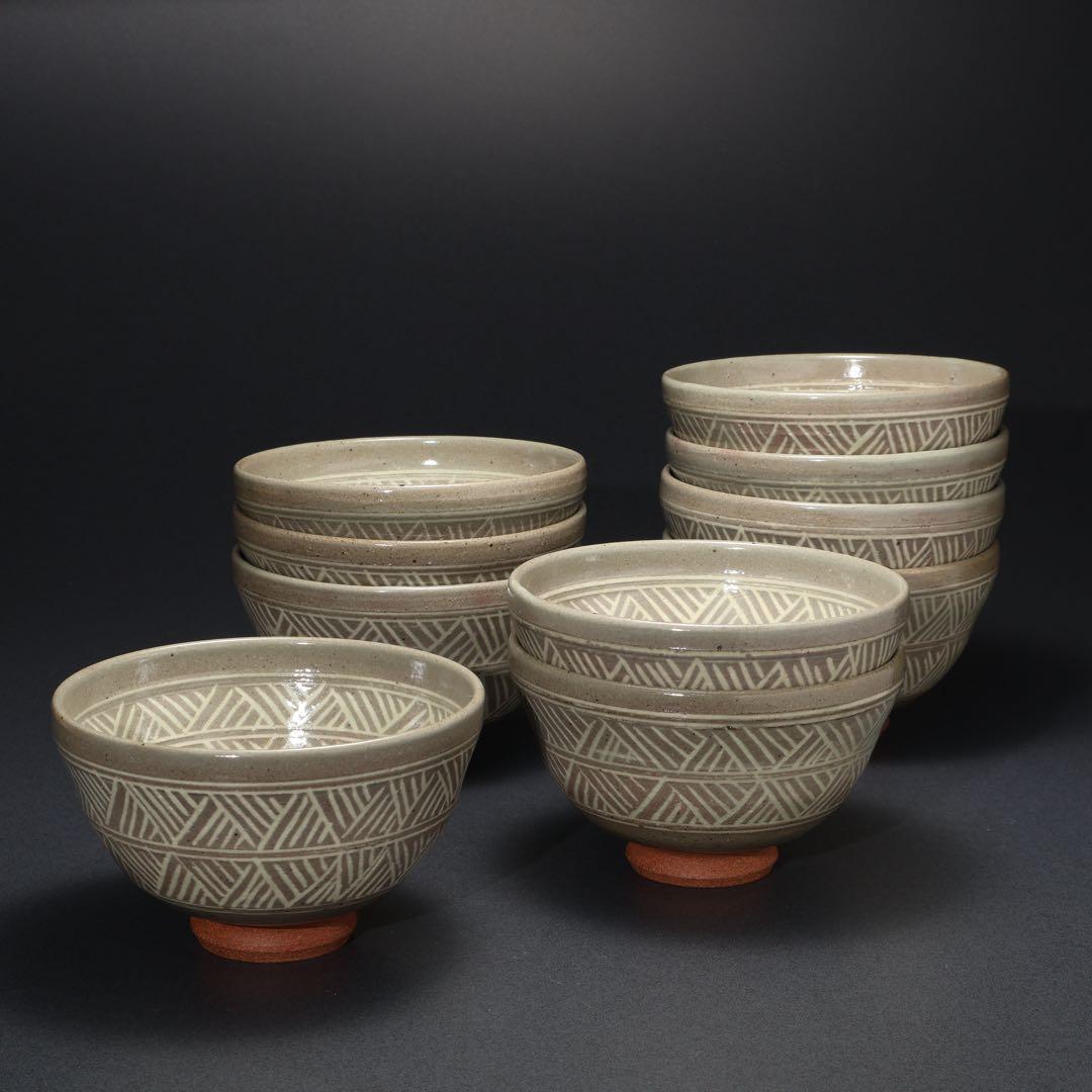 数茶碗10個　三島　福森研晃　共箱　美品　R1629ラ3